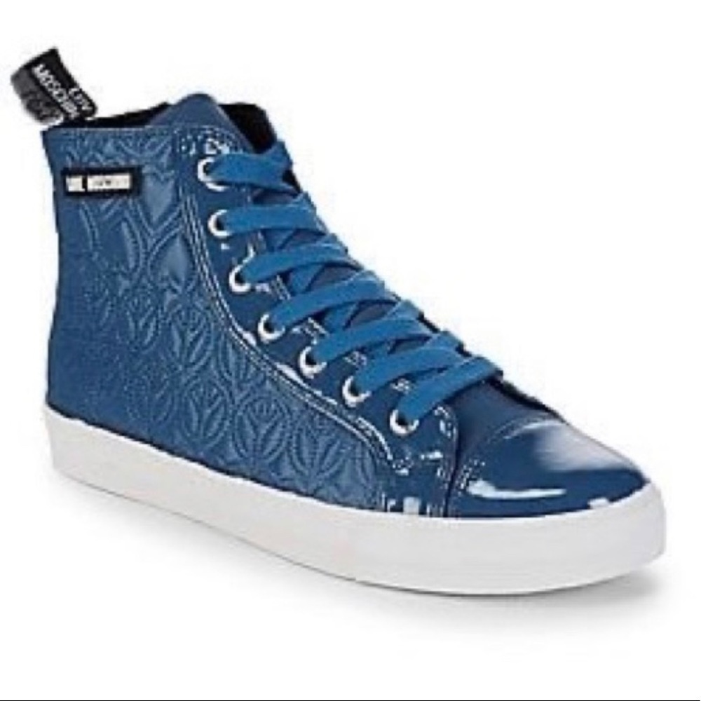 Love Moschino Blue Quilted Hearts Peace Sign High Top Sneakers